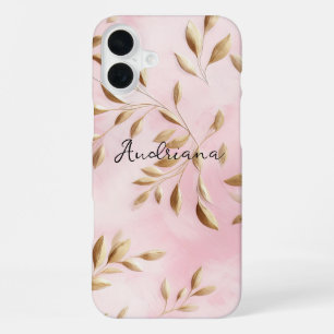 Blush Pink Gold Leaves Wedding iPhone 16 Plus Case