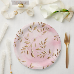 Blush Pink Gold Leaves Wedding Paper Plate