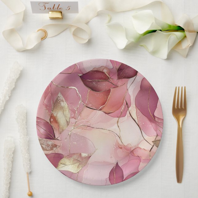 Blush Pink Gold Leaves Wedding Paper Plate (Wedding)