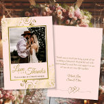 Blush Pink & Gold Love Thanks Photo & Note Wedding Thank You Card<br><div class="desc">These beautiful blush pink & gold coloured wedding thank you cards feature your photo in a faux foil golden frame surrounded by ornate golden curls and swirls. The caption reads: Love and Thanks, with your names below. The back as a romantic linked hearts graphic along with a custom note and...</div>