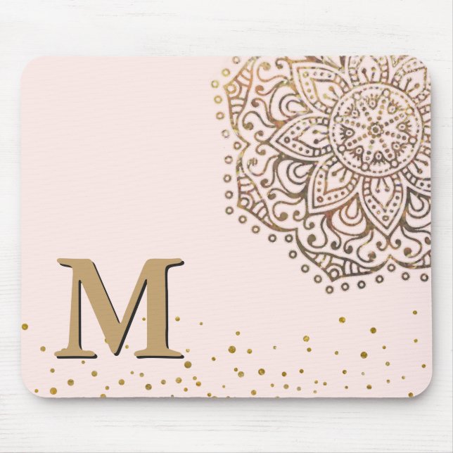 Blush Pink Gold Mandala Boho | Monogrammed Initial Mouse Pad (Front)