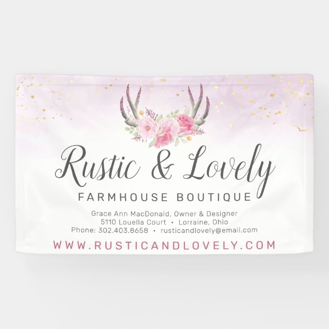 Blush Pink Gold Marble Rustic Floral Antlers Chic Banner (Horizontal)