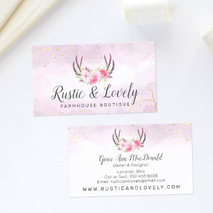 Blush Pink Gold Marble Rustic Floral Antlers Chic Business Card