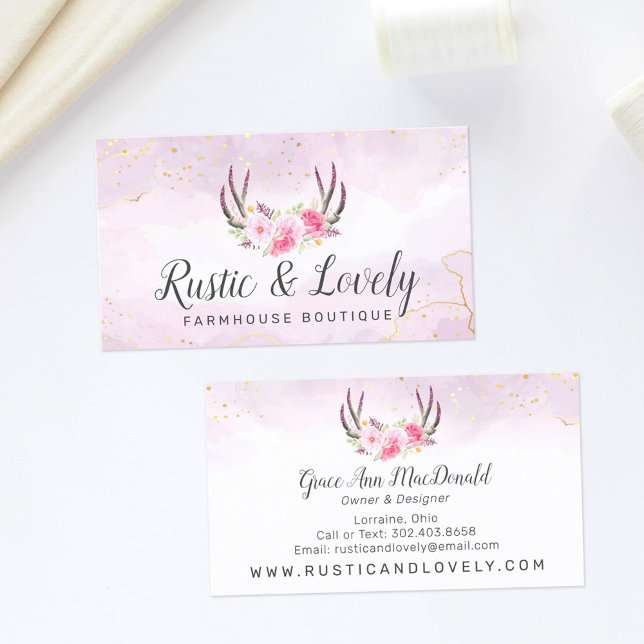 Blush Pink Gold Marble Rustic Floral Antlers Chic Business Card (Creator Uploaded)