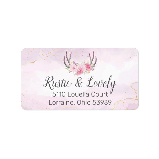 Blush Pink Gold Marble Rustic Floral Antlers Chic Label (Front)