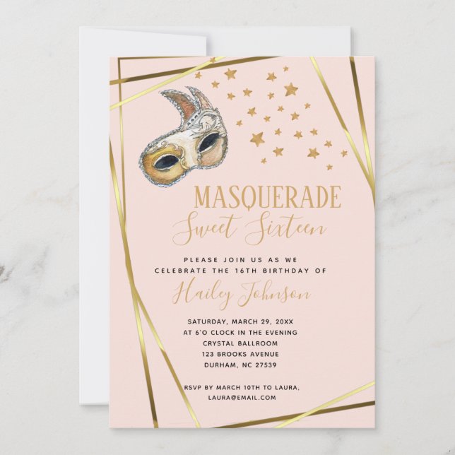 Blush Pink & gold Masquerade Birthday party Announcement (Front)