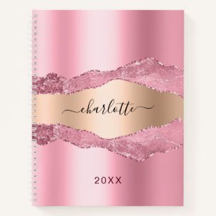 Blush pink gold metal agate marble name notebook