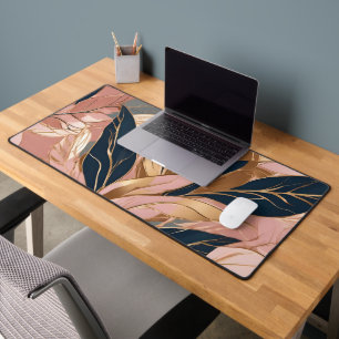 Blush Pink Gold Modern Boho Leaves Collection Desk Mat