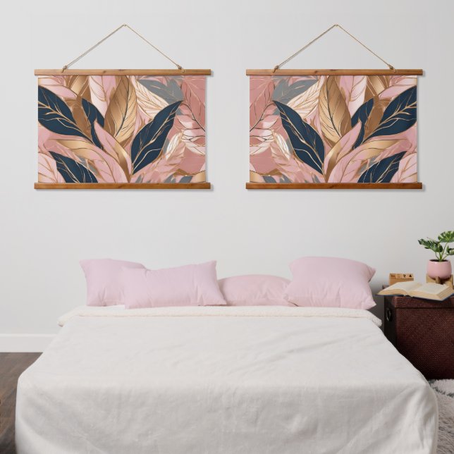 Blush Pink Gold Modern Boho Leaves Collection Hanging Tapestry (Bedroom)