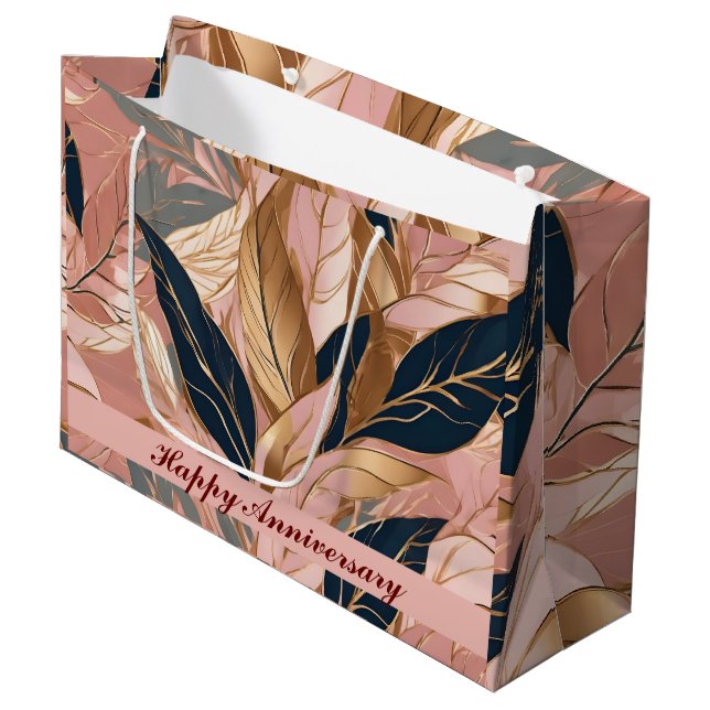 Blush Pink Gold Modern Boho Leaves Collection Large Gift Bag (Front Angled)