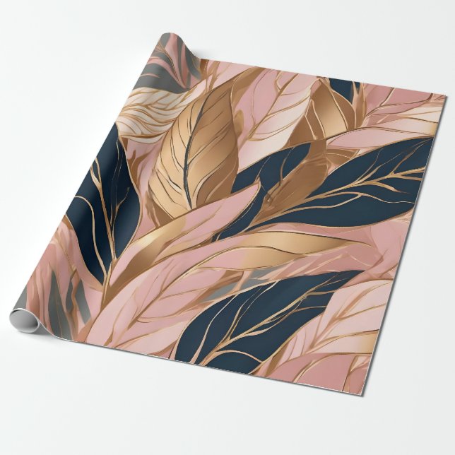 Blush Pink Gold Modern Boho Leaves Collection Wrapping Paper (Unrolled)