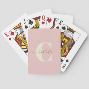 Blush Pink Gold Monogram First Name Initial Script Playing Cards