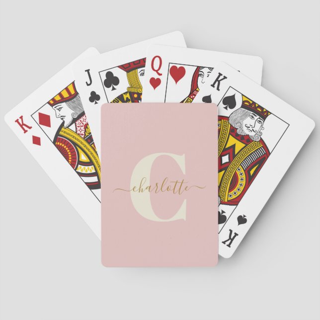 Blush Pink Gold Monogram First Name Initial Script Playing Cards (Back)