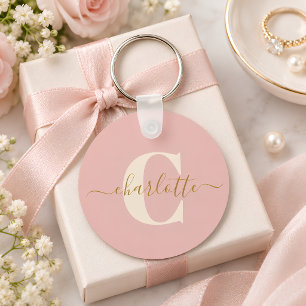 Blush Pink Gold Monogram Name Script Personalised Key Ring