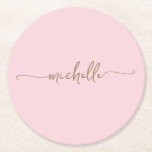 Blush Pink Gold Monogram Name Script Signature Round Paper Coaster<br><div class="desc">Girly Blush Pink Modern Gold Monogram Name Signature Script Custom Personalised Round Paper Coaster. These design featuring your first name in a pretty hand lettered style swash tail font signature typography in gold colour on light baby pink or blush pink colour background. So easy to customise. Great stylish feminine housewarming...</div>