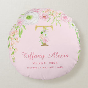 Blush Pink Gold Monogram "T" Baby Girl Stats Round Cushion