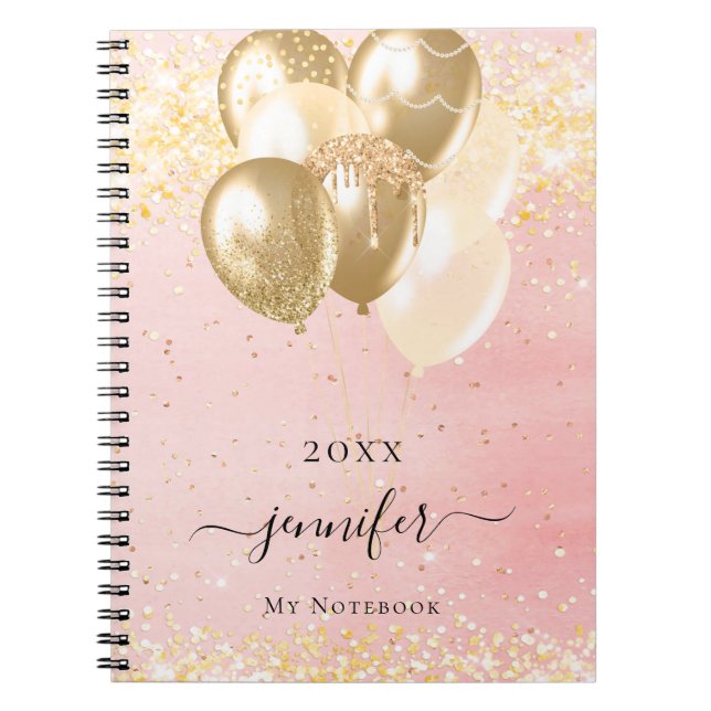 Blush pink gold name sparkles balloons notebook (Front)