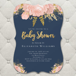 Blush Pink Gold Navy Blue Flower Girl Baby Shower Invitation