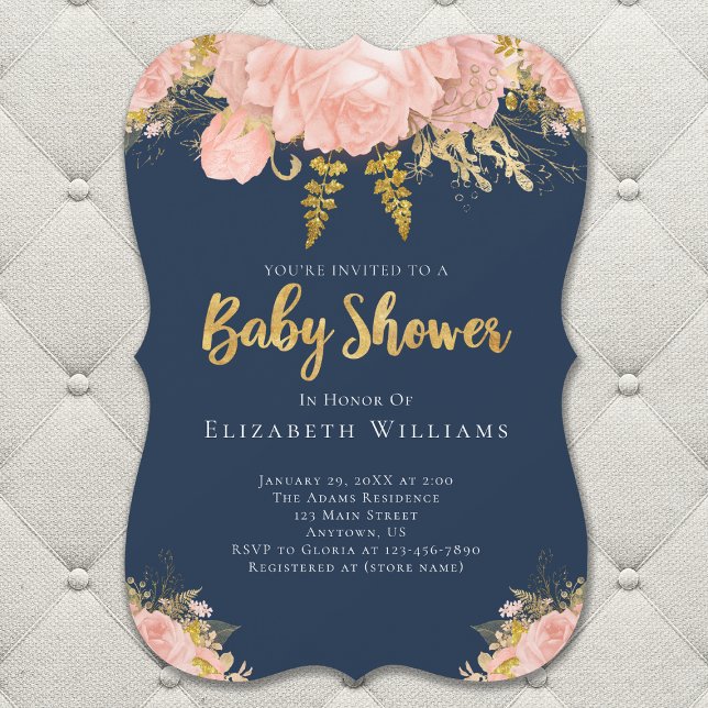 Blush Pink Gold Navy Blue Flower Girl Baby Shower Invitation (Creator Uploaded)