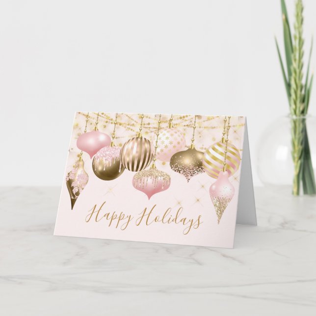 Blush Pink Gold Ornament Photo Holiday Card (Front)