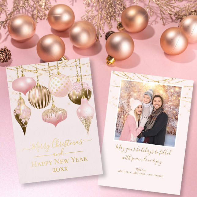 Blush Pink & Gold Ornaments Merry Christmas Photo (Blush Pink Gold Ornaments Merry Christmas Photo Foil Holiday Card)