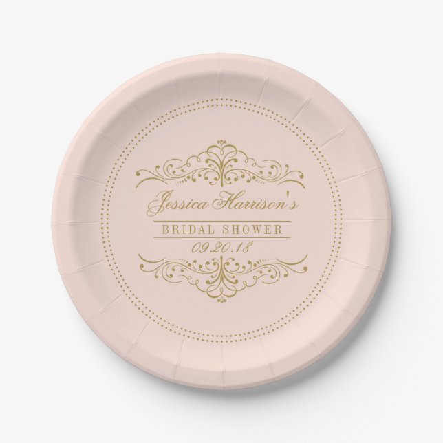 Blush Pink & Gold Ornate Swirl Bridal Shower Paper Plate (Front)
