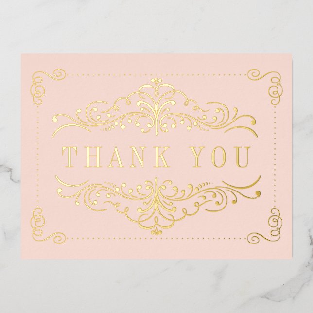 Blush Pink & Gold Ornate Swirl Wedding Thank You Foil Invitation Postcard (Front)