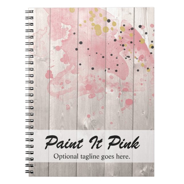 Blush Pink & Gold Paint Splatter on Rustic Wood Notebook (Front)