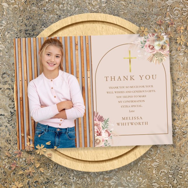 Blush Pink Gold Pampas Grass Floral Confirmation Thank You Card (Blush Pink Gold Pampas Grass Floral Confirmation Thank You Card)
