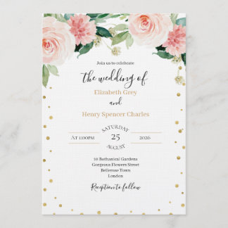 Blush pink gold peony elegant floral wedding invitation