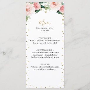 Blush pink gold peony floral elegant wedding menu