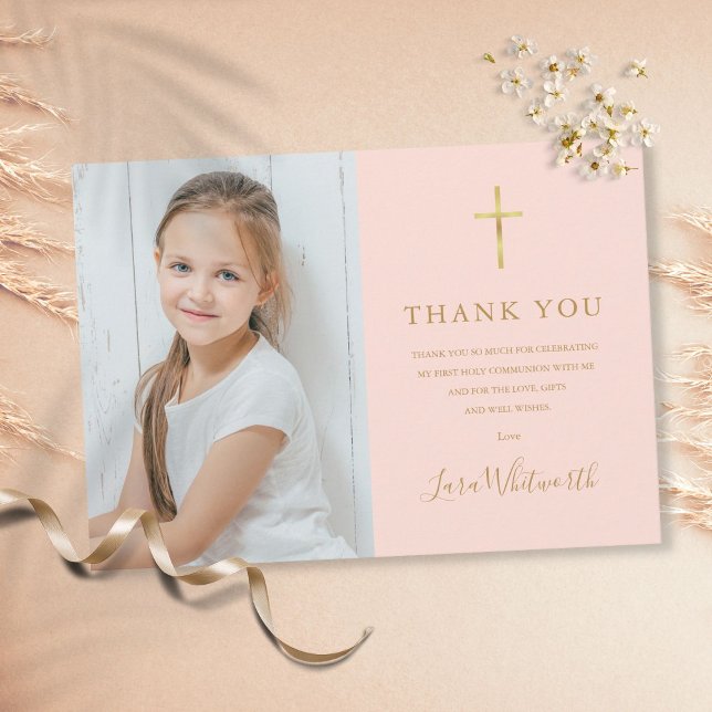 Blush Pink Gold Photo First Holy Communion Thank You Card (Creator Uploaded)