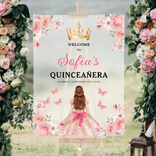 Blush Pink Gold Princess Quinceañera Welcome  Acrylic Sign