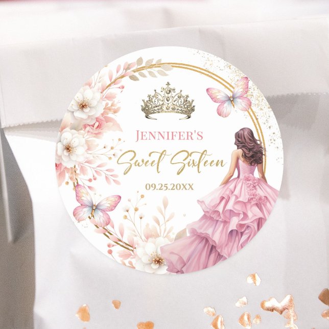 Blush Pink Gold Princess Tiara Floral Sweet 16 Classic Round Sticker (Creator Uploaded)