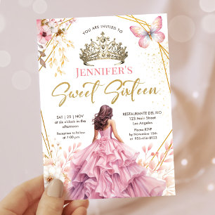 Blush Pink Gold Princess Tiara  Floral Sweet 16 Invitation