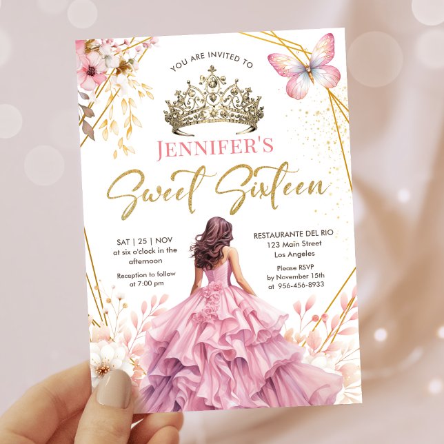 Blush Pink Gold Princess Tiara  Floral Sweet 16 Invitation (Creator Uploaded)