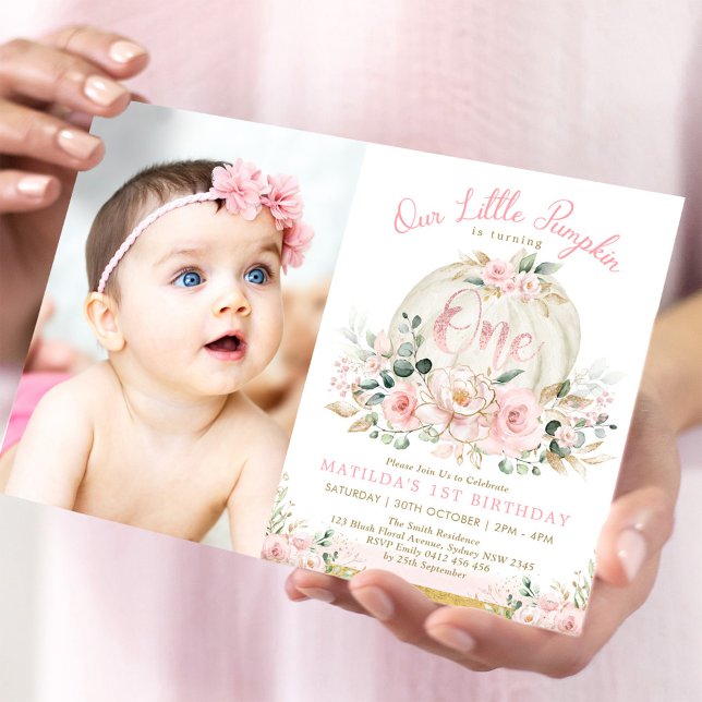 Blush Pink Gold Pumpkin 1st Birthday Fall Floral Invitation (Creator Uploaded)