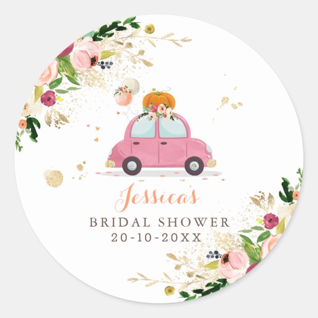 Blush Pink Gold Pumpkin Drive By Bridal Shower Classic Round Sticker (Front)