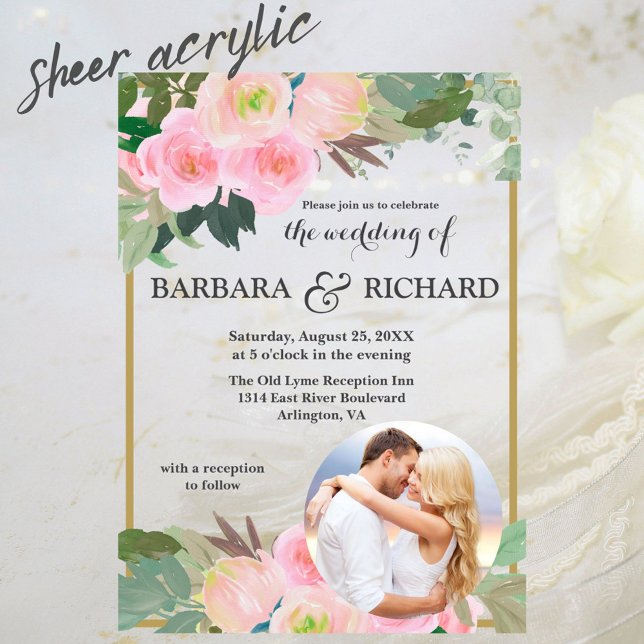 Blush Pink Gold Romantic Floral Photo Wedding Acrylic Invitations (Creator Uploaded)