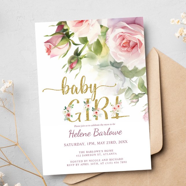 Blush Pink Gold Rose Floral Boho Girl Baby Shower Invitation (Blush Pink Gold Rose Floral Boho Girl Baby Shower Invitation)