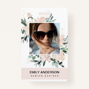 BLUSH PINK GOLD ROSE FLORAL PHOTO LOGO IDENTITY ID BADGE