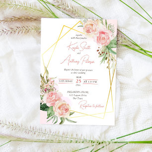 Blush pink gold rose floral wedding invite templat