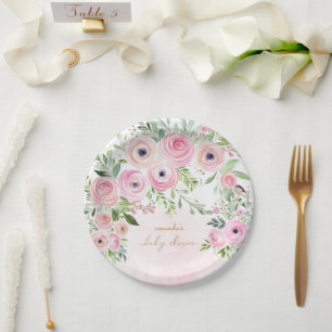 Blush Pink Gold Roses Baby Girl Shower Paper Plate