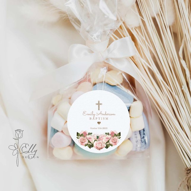 Blush Pink Gold Roses Christening Favour  Classic Round Sticker (Creator Uploaded)