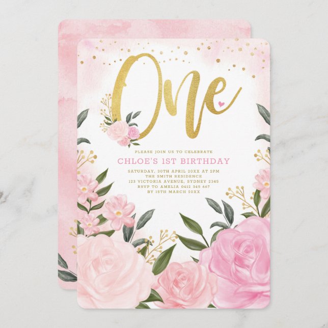 Blush Pink Gold Roses Girl 1st Birthday Invitation (Front/Back)