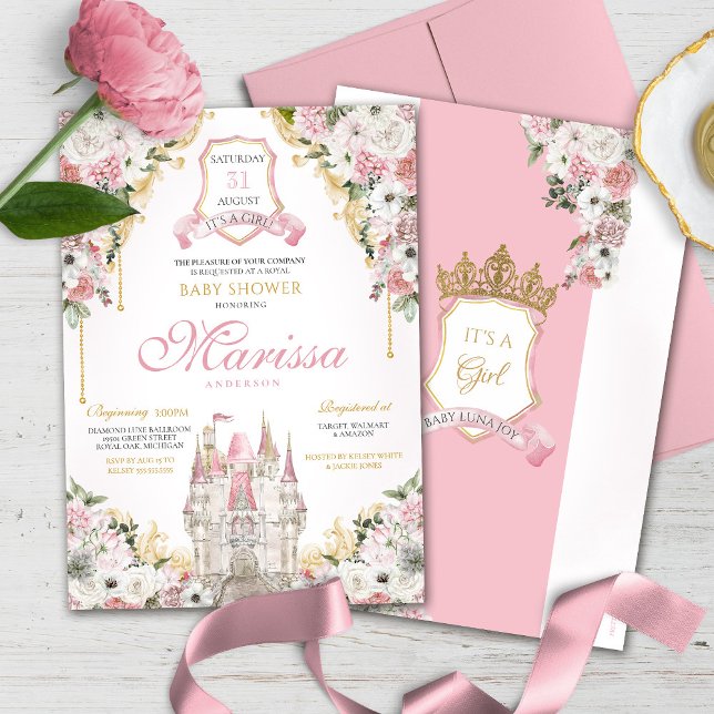 Blush Pink Gold Royal Castle Princess Baby Shower Invitation (Creator Uploaded)