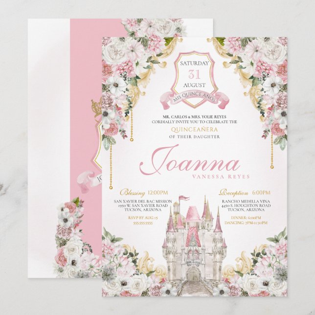Blush Pink Gold Royal Castle Princess Quinceanera Invitation (Front/Back)