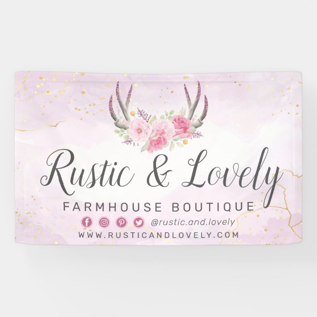 Blush Pink Gold Rustic Floral Antlers Social Media Banner (Horizontal)