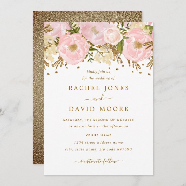 Blush Pink Gold Rustic Floral Wedding Invitation (Front/Back)