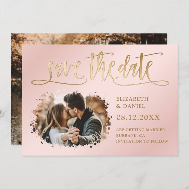 Blush Pink Gold Script Wedding 2 Photo Save The Date (Front/Back)